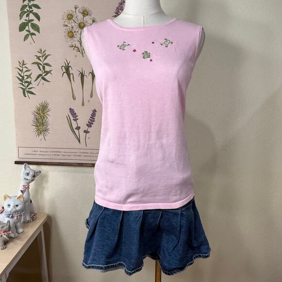 Y2k Pink Sleeveless Embroidered Frog Knit Top Grandma Whimsy Twee Novelty 2010 L - Picture 3 of 10